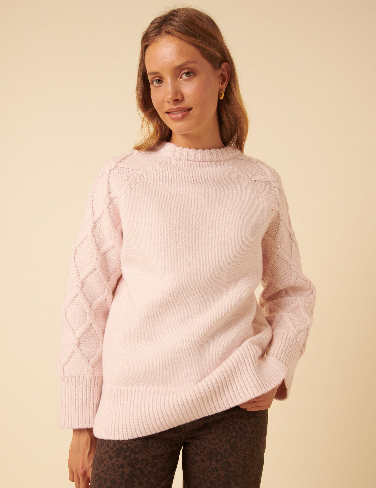 Light Pink Cable Knit Crew Neck Jumper