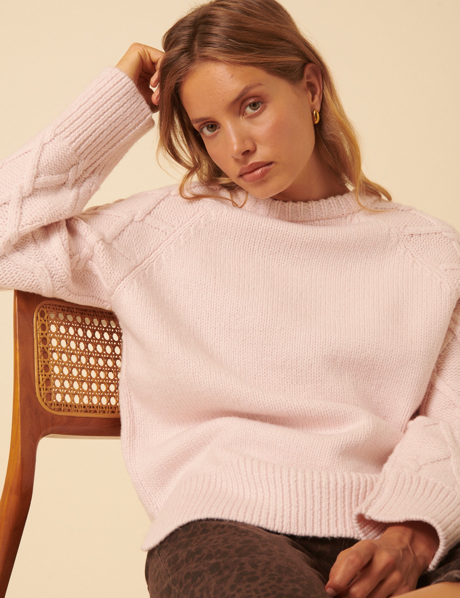 Light Pink Cable Knit Crew Neck Jumper