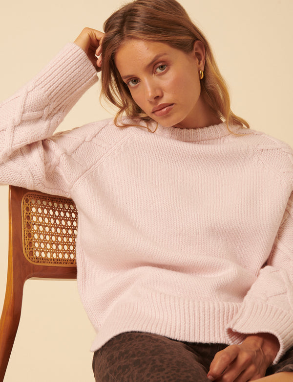 Light Pink Cable Knit Crew Neck Jumper