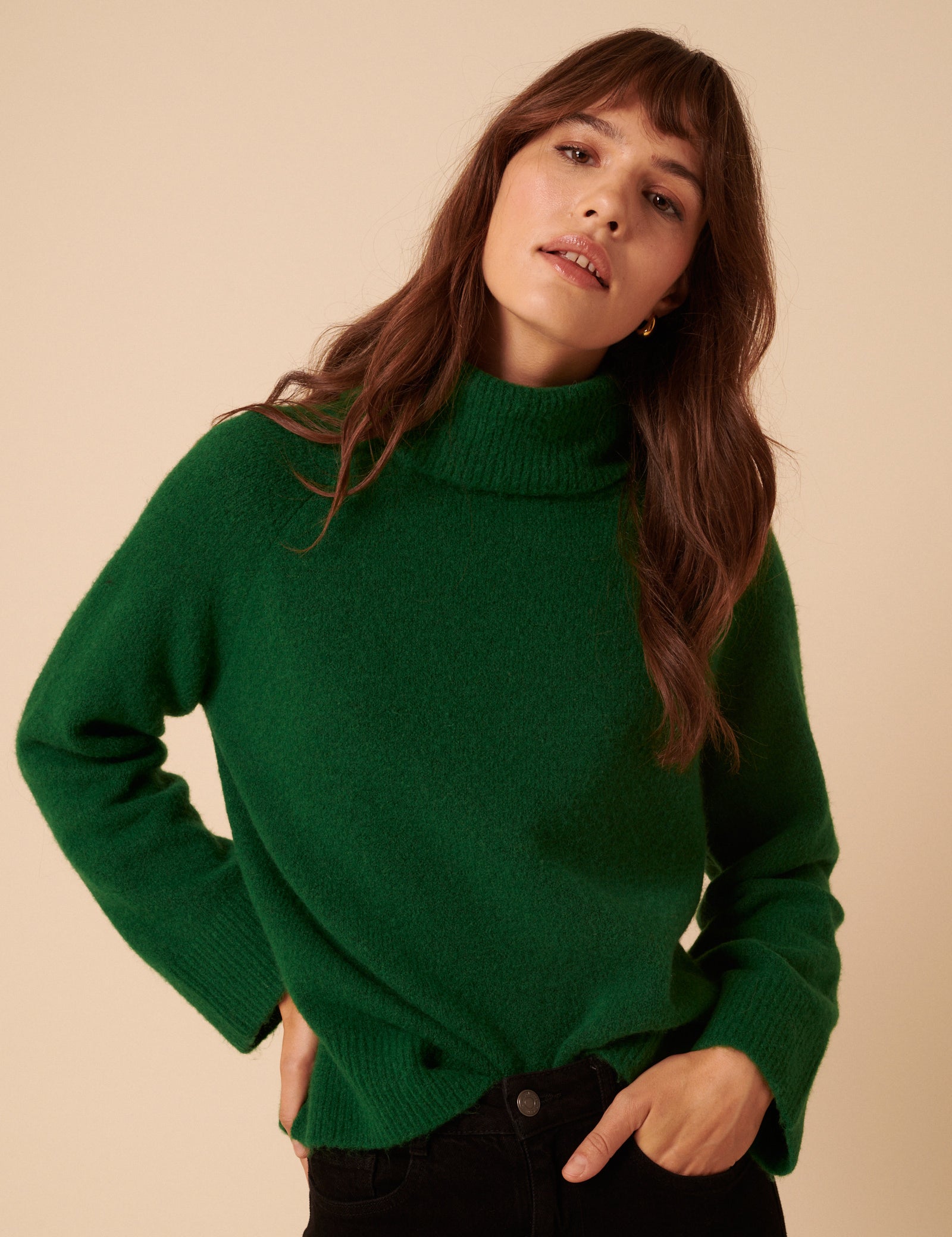 Forest Green Roll Neck Relaxed Knitted Jumper