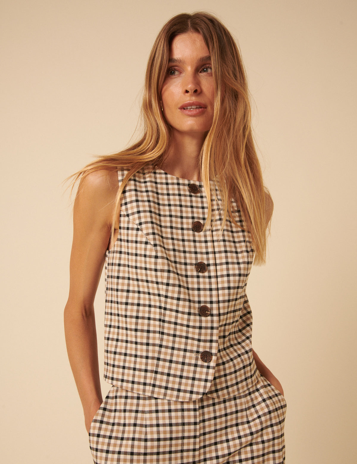 Beige Gingham Check Waistcoat