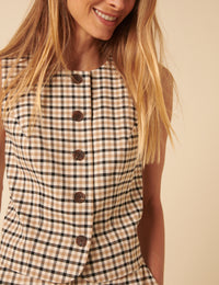 Beige Gingham Check Waistcoat