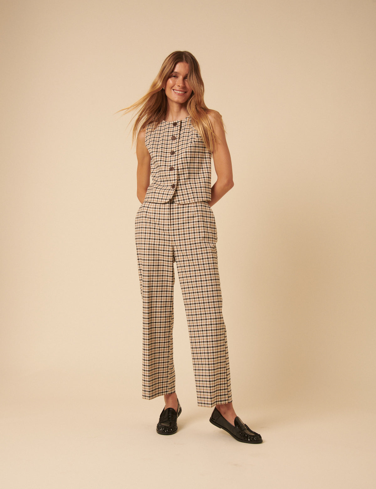 Beige Gingham Check Waistcoat