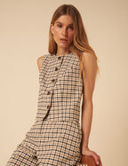 Beige Gingham Check Waistcoat