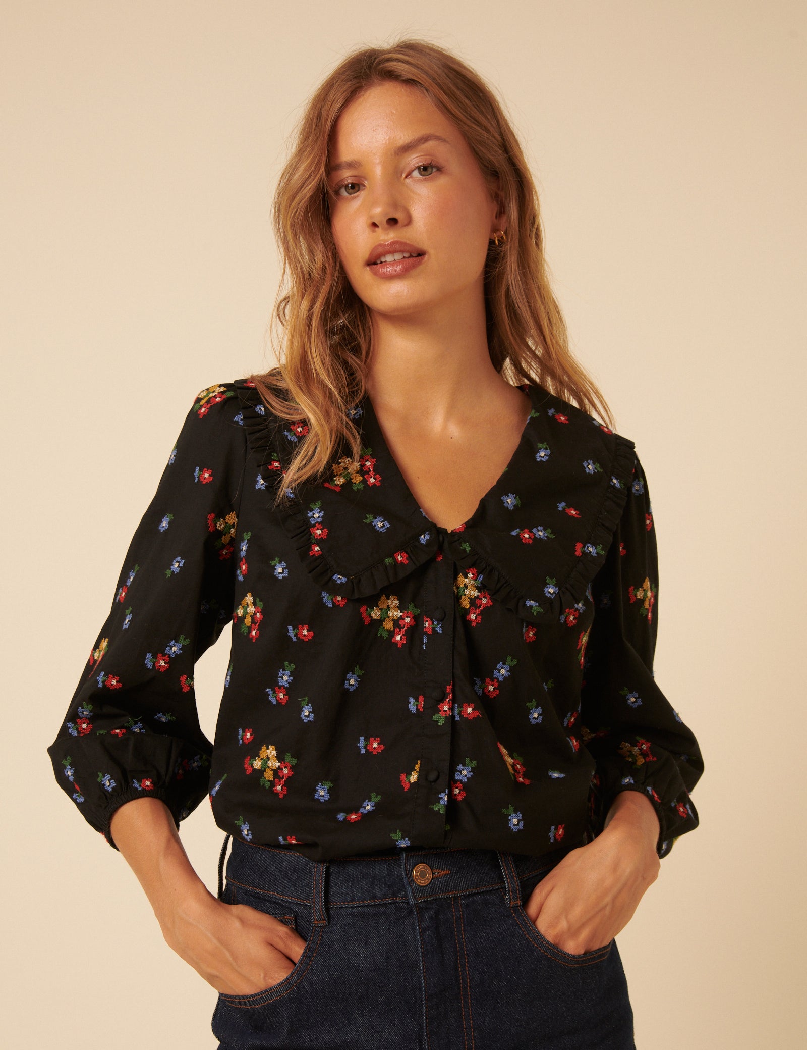 Black Floral Embroidered Long Sleeve Emmie Blouse