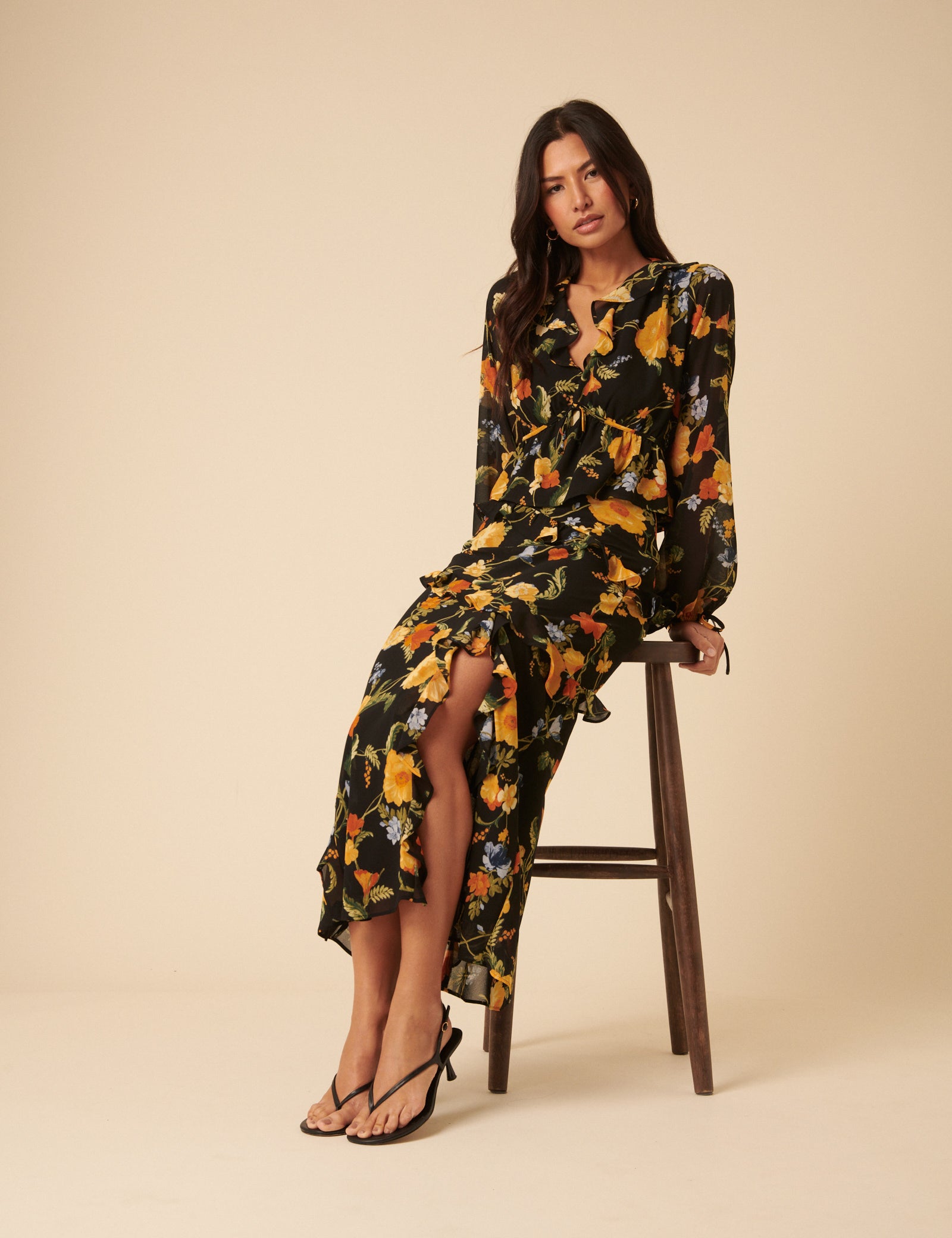 Black Floral Ruffle Top