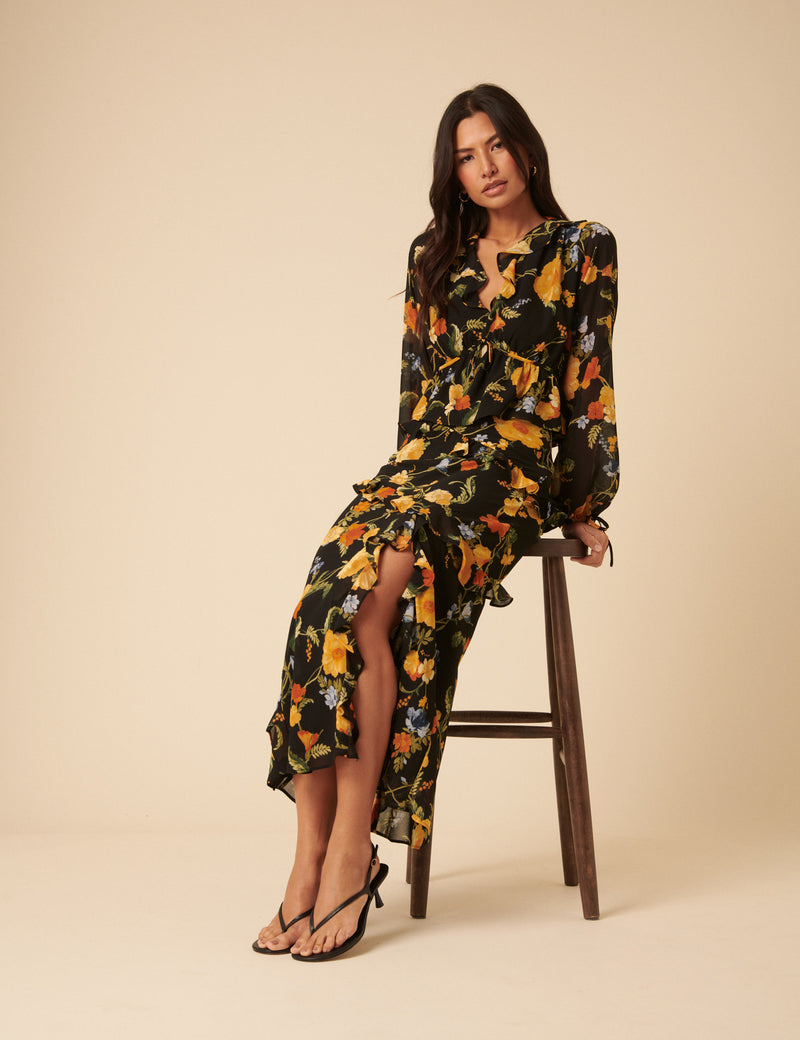 Black Floral Ruffle Top