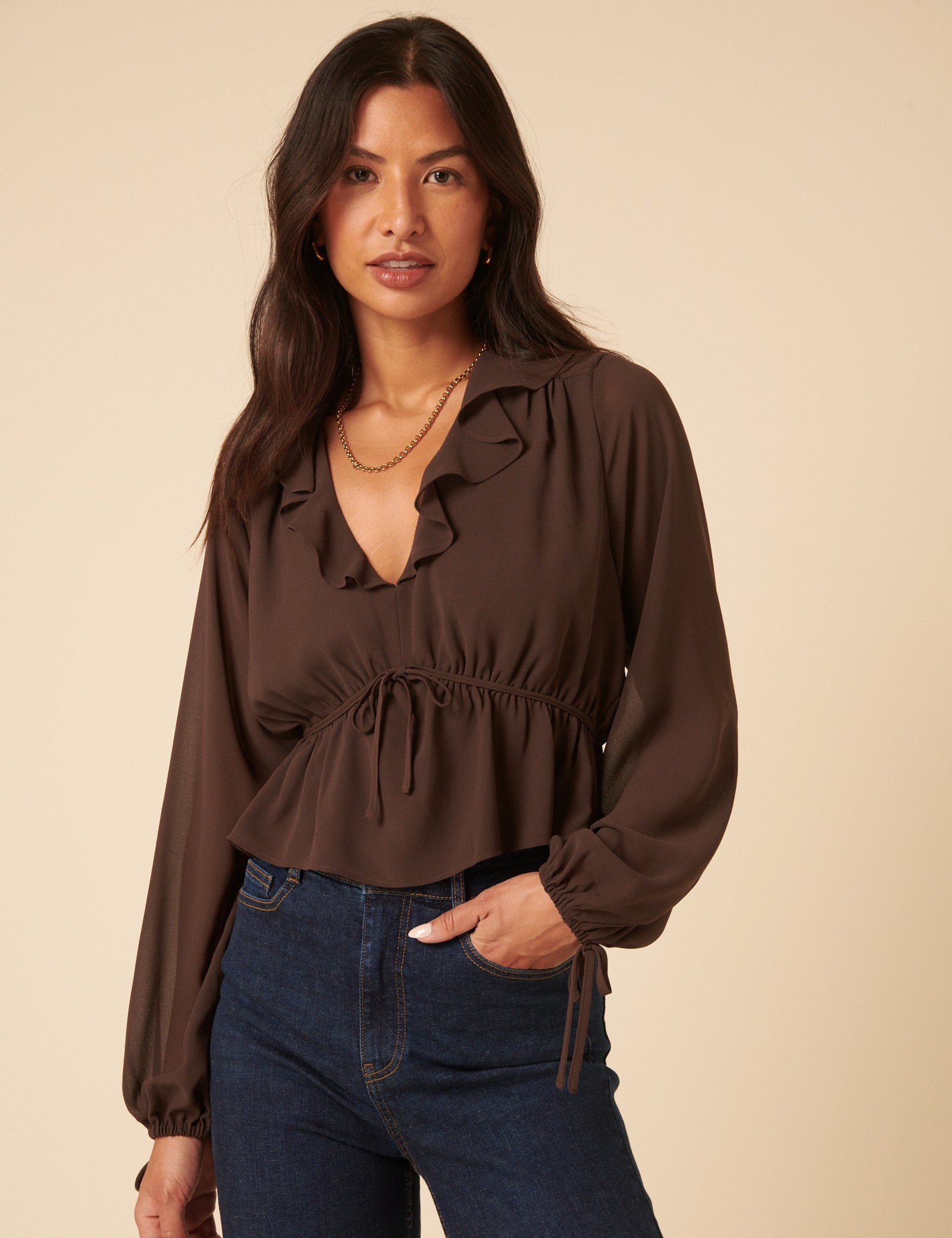 brown long sleeve ruffle dress Ruched & Ready sculpting long sleeve ruffle drape detail maxi dress in dark chocolate