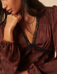 Brown Polka Dot Satin Jacquard Blouse