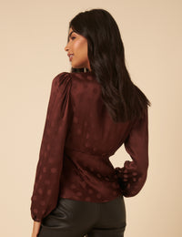 Brown Polka Dot Satin Jacquard Blouse