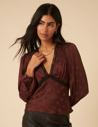 Brown Polka Dot Satin Jacquard Blouse