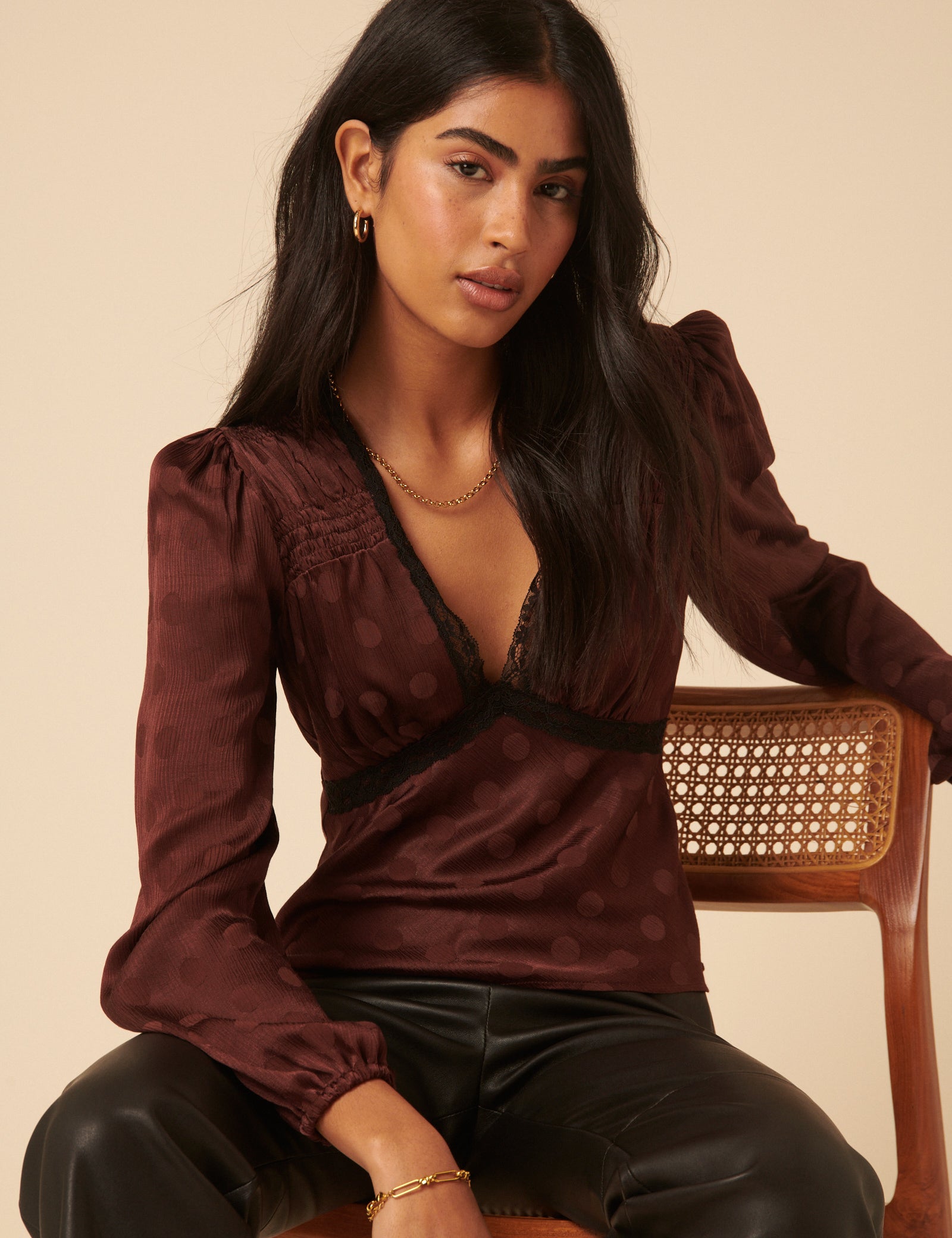 Brown Polka Dot Satin Jacquard Blouse