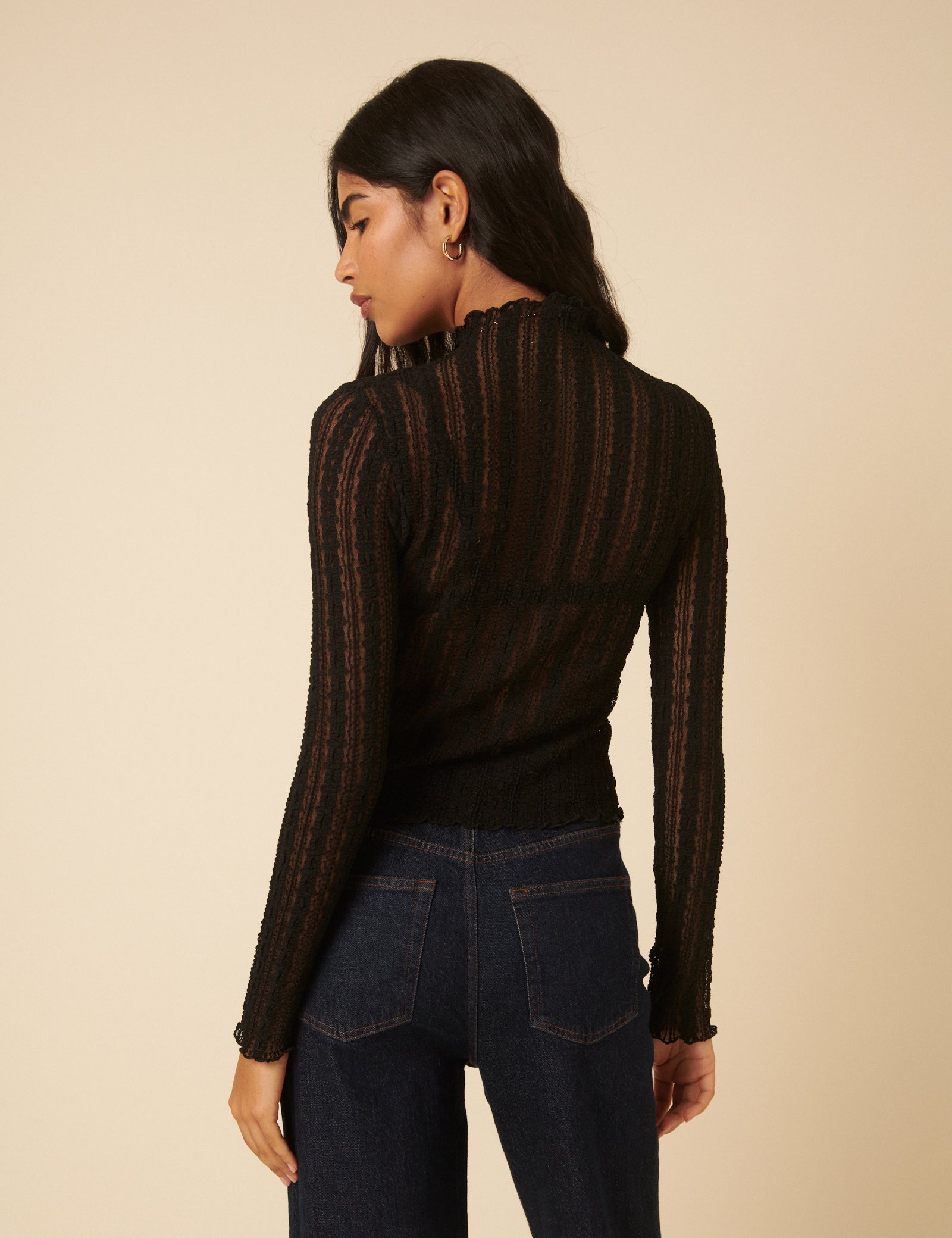 Black Lace High Neck Long Sleeve Top