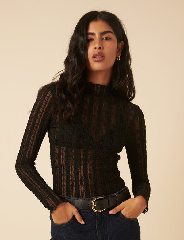 Black Lace High Neck Long Sleeve Top