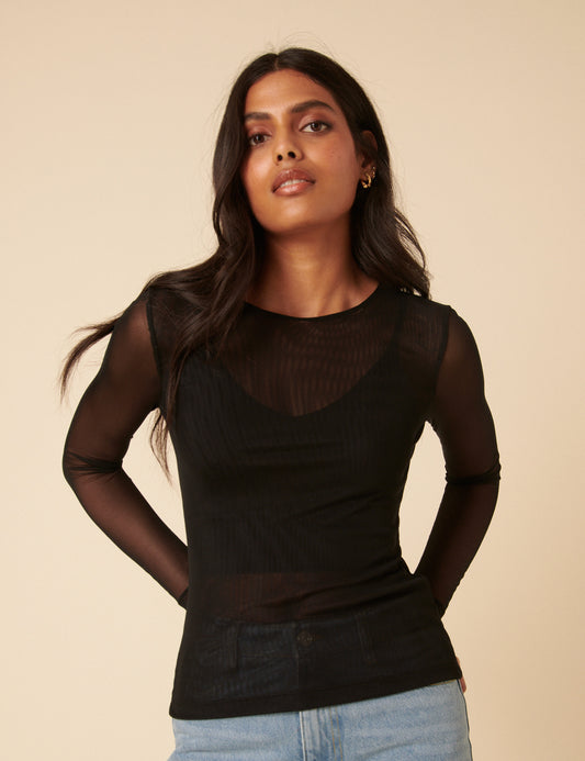mesh top dress long sleeve Black Long Sleeve Sheer Mesh Top