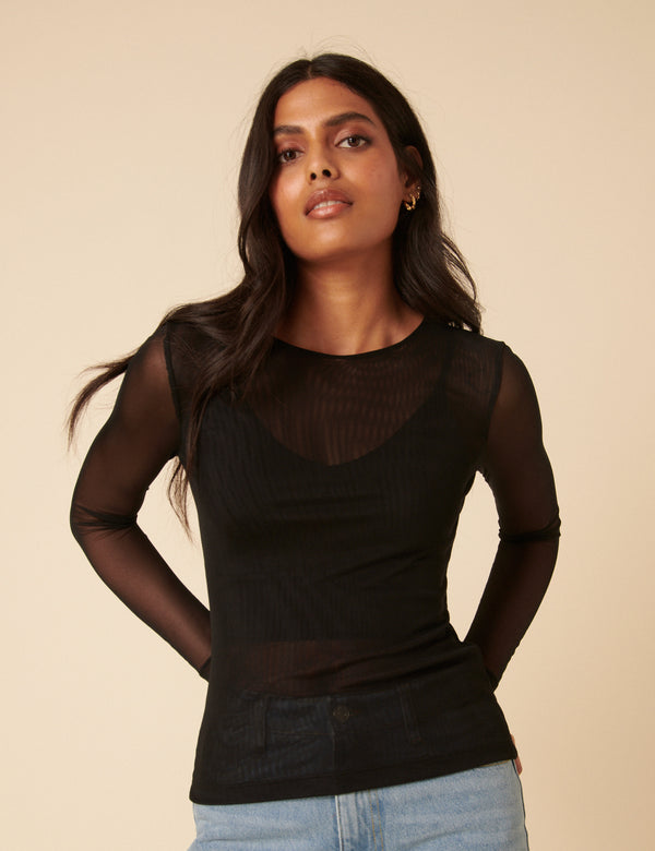 Black Long Sleeve Mesh Top