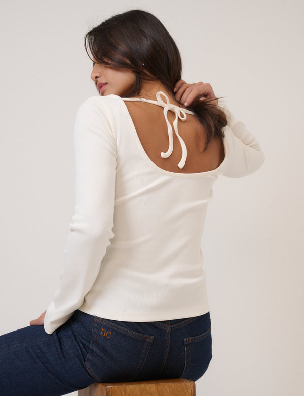 White Ribbed Flute Sleeve Top