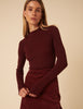 Burgundy High Neck Ribbed Knitted Top