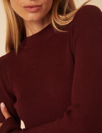Burgundy High Neck Ribbed Knitted Top