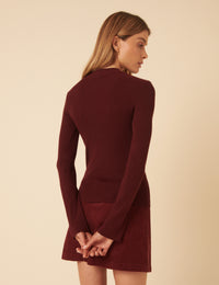 Burgundy High Neck Ribbed Knitted Top