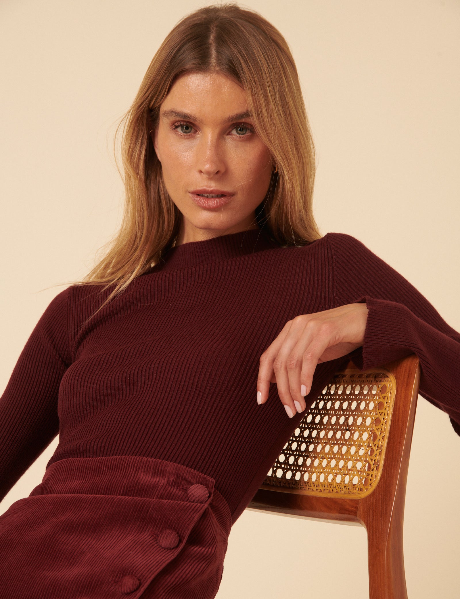 Burgundy High Neck Ribbed Knitted Top