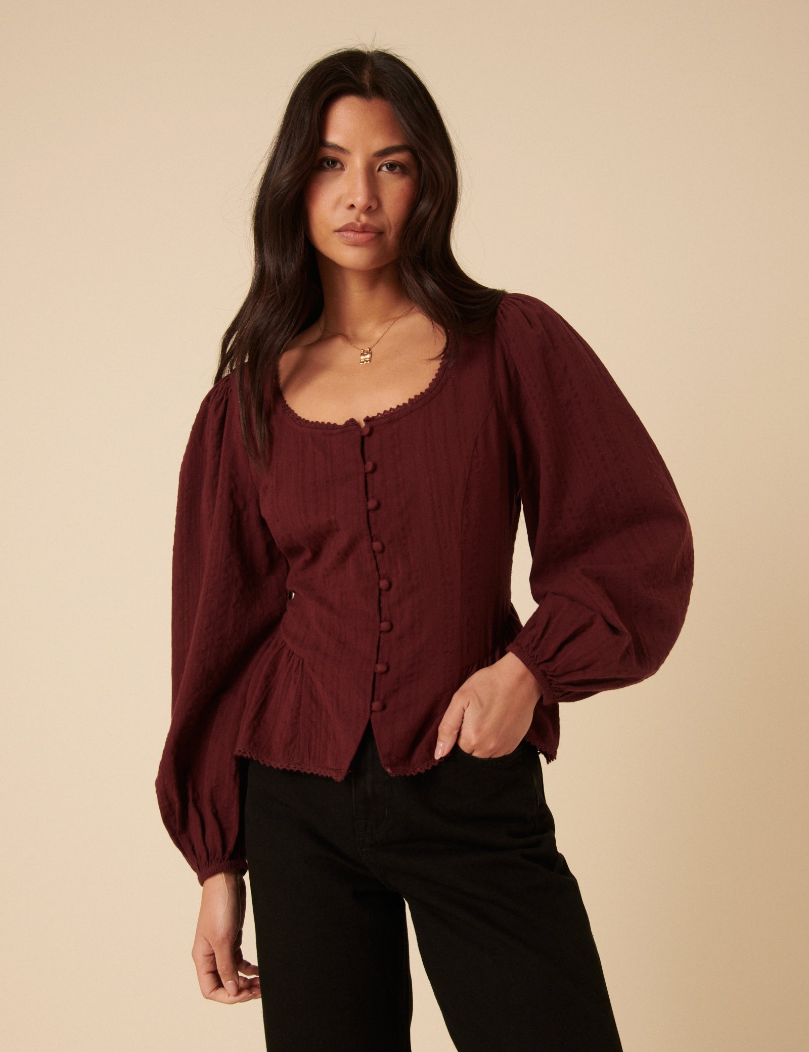 burgundy dress blouse Burgundy Satin Tie Neck Long Sleeve Blouse