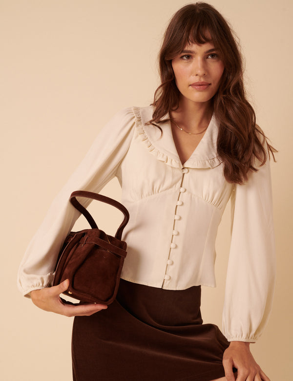 White Long Sleeve Frill Collar Blouse