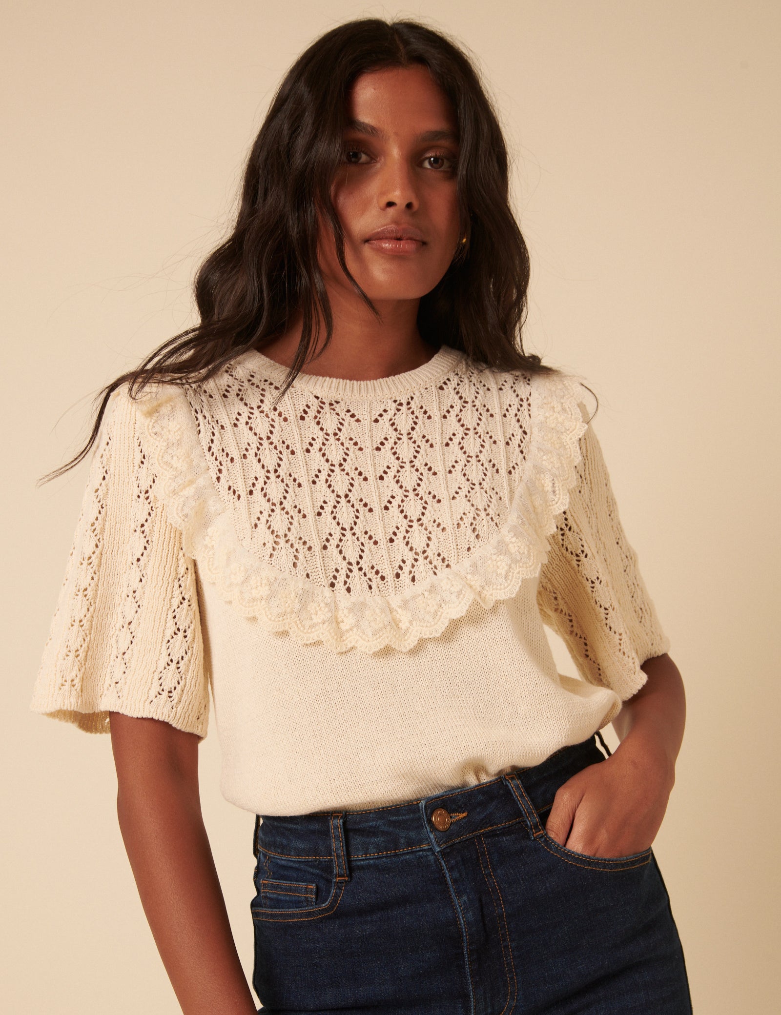 Cream Pointelle Knitted Top