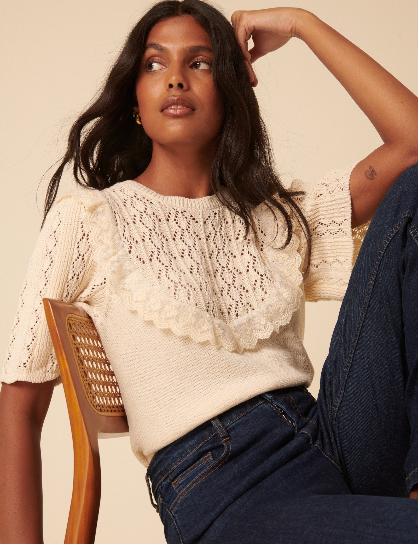 Cream Pointelle Knitted Top