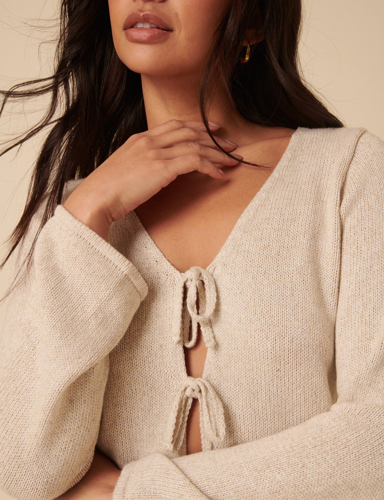 Cream Tie Front Knitted Cardigan