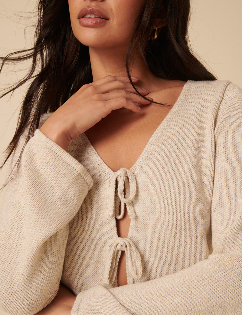 Cream Tie Front Knitted Cardigan