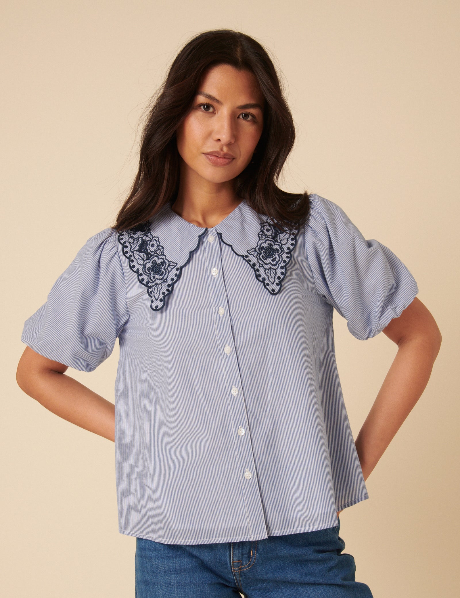 Blue Embroidered Collared Striped Blouse