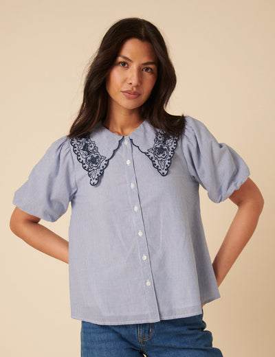 Blue Embroidered Collared Striped Blouse