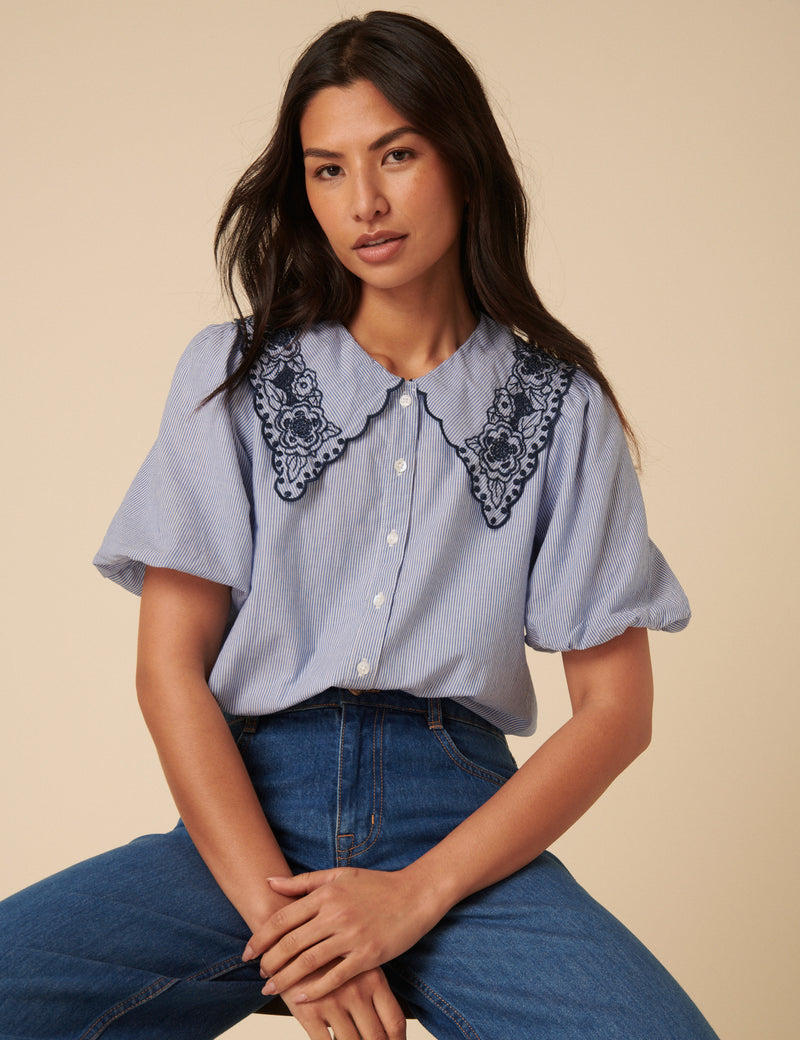 Blue Embroidered Collared Striped Blouse