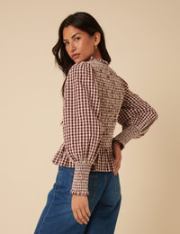 Brown Gingham Shirred Long Sleeve Top