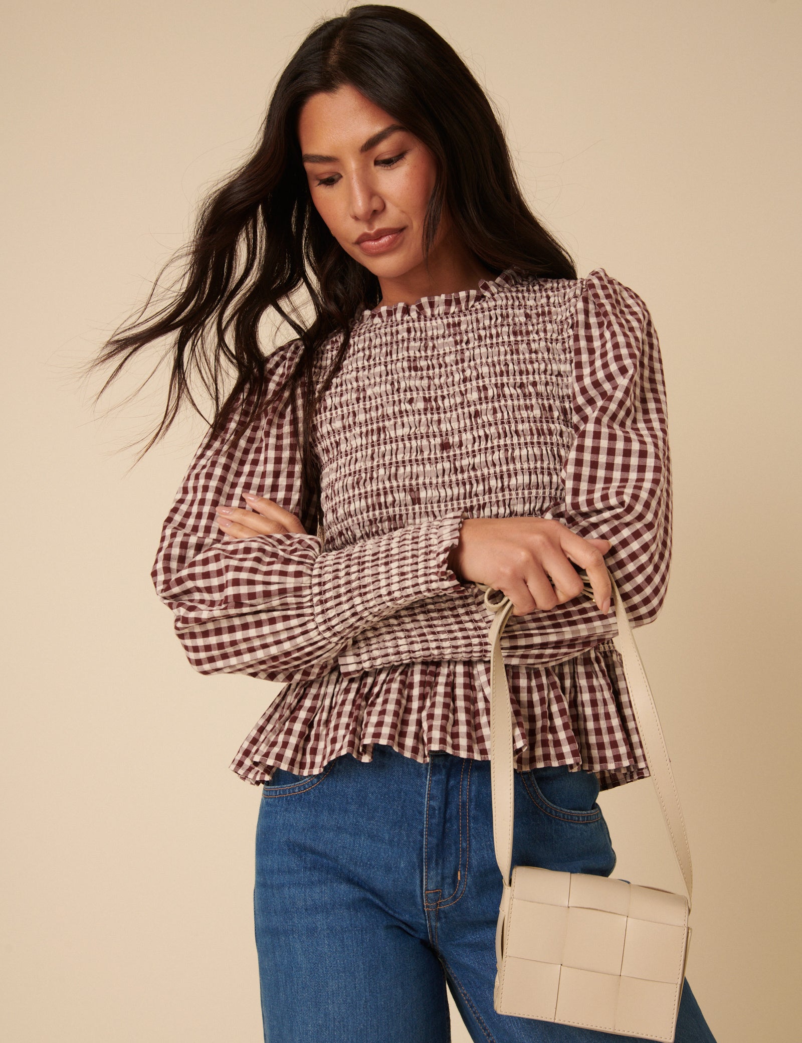Brown Gingham Shirred Long Sleeve Top
