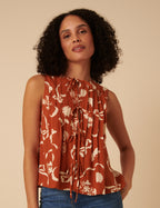 Brown Printed Linen-Blend Pleated Top
