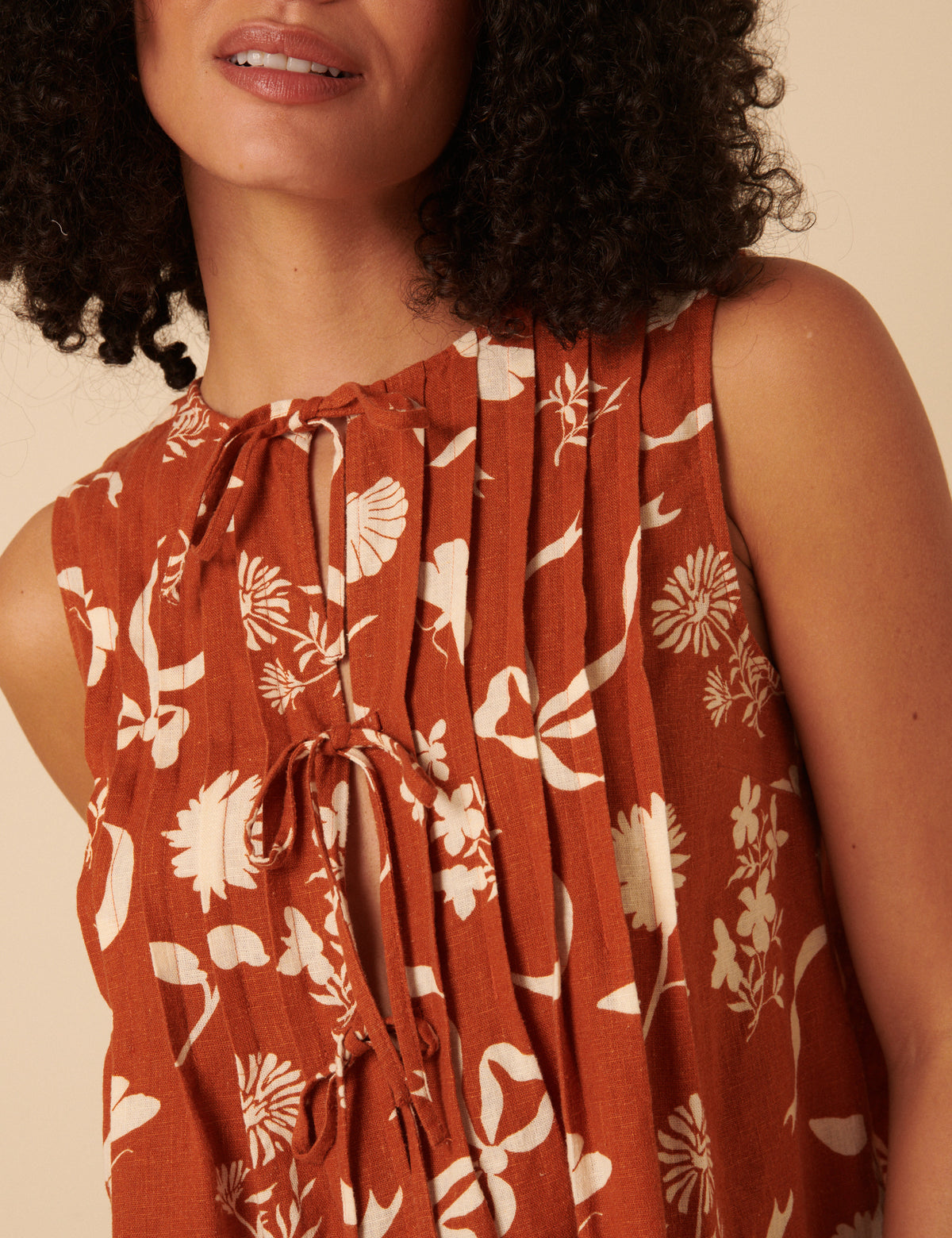 Brown Printed Linen-Blend Pleated Top