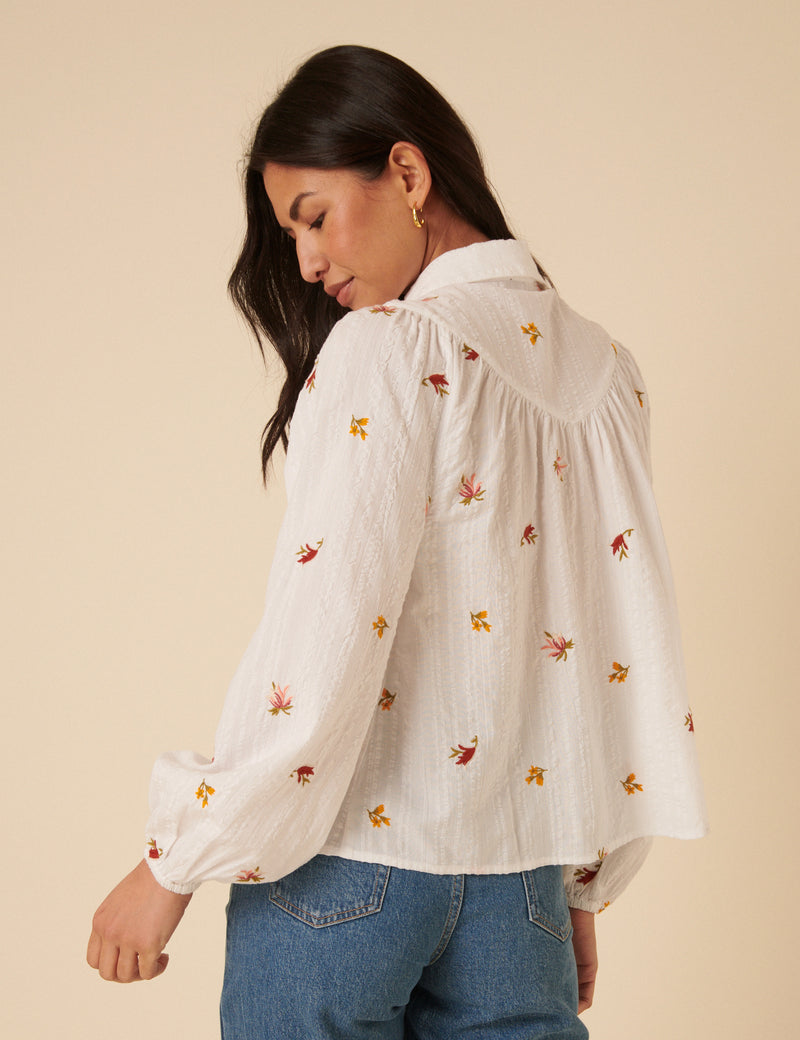 White Embroidered Balloon Sleeve Blouse
