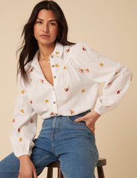 White Embroidered Balloon Sleeve Blouse