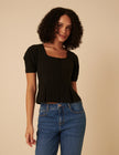 Black Short Sleeve Button Down Blouse