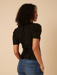 Black Short Sleeve Button Down Blouse