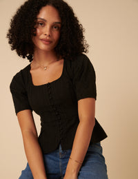 Black Short Sleeve Button Down Blouse