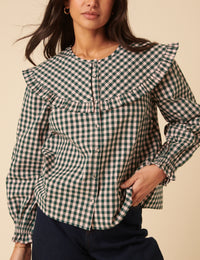 Green And Pink Gingham Collared Blouse