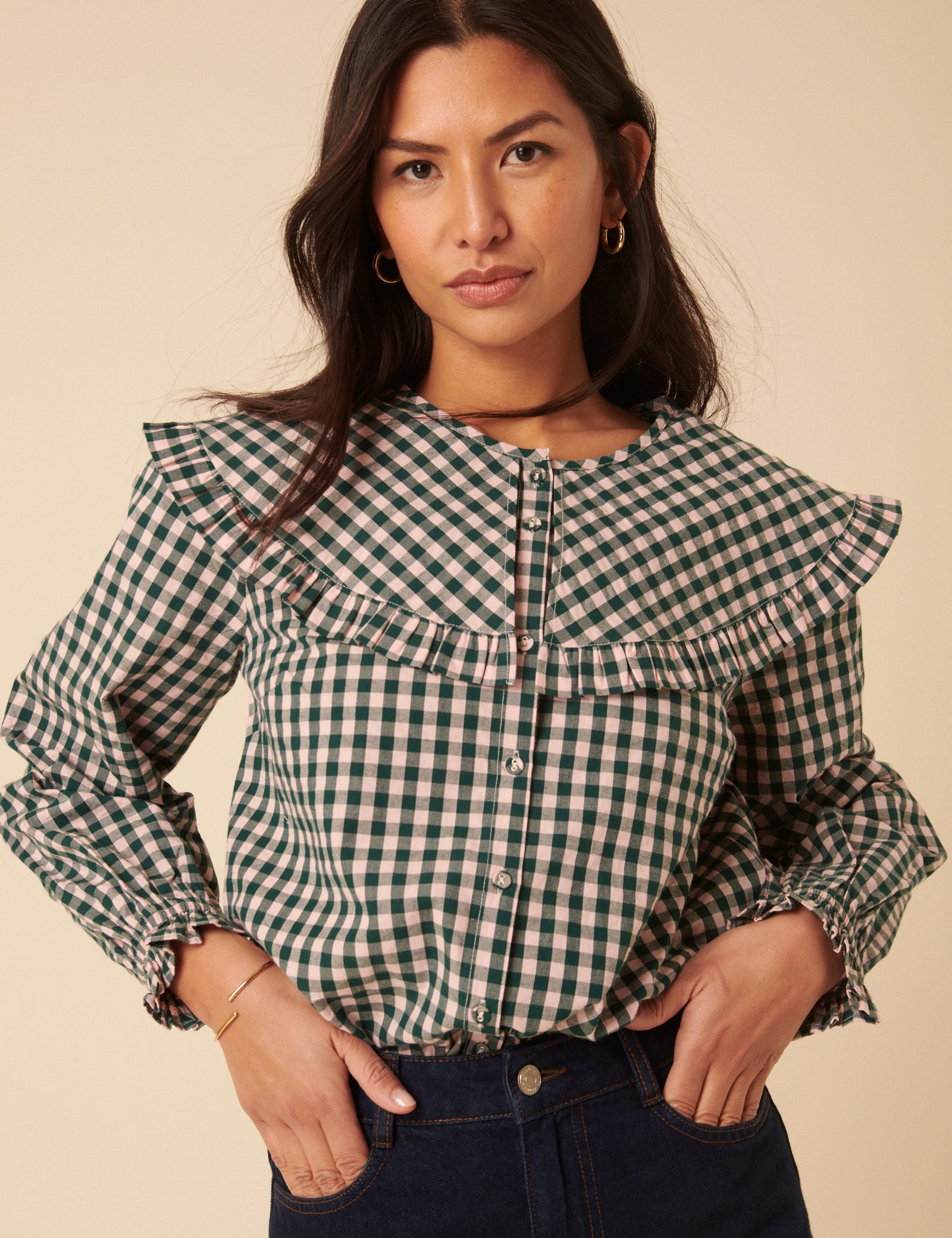 Green And Pink Gingham Collared Blouse