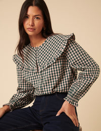 Green And Pink Gingham Collared Blouse