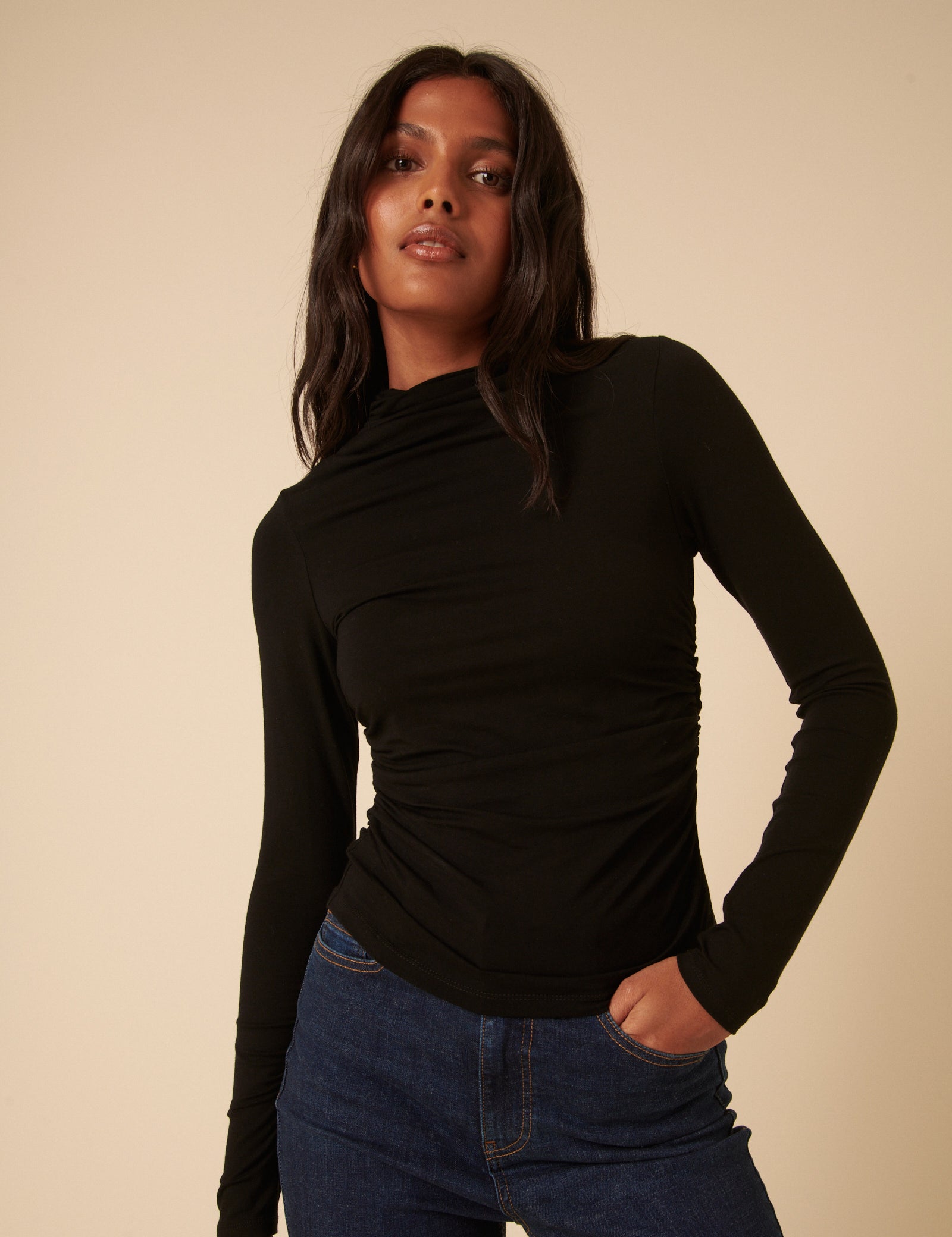 Black Ruched Long Sleeve Top