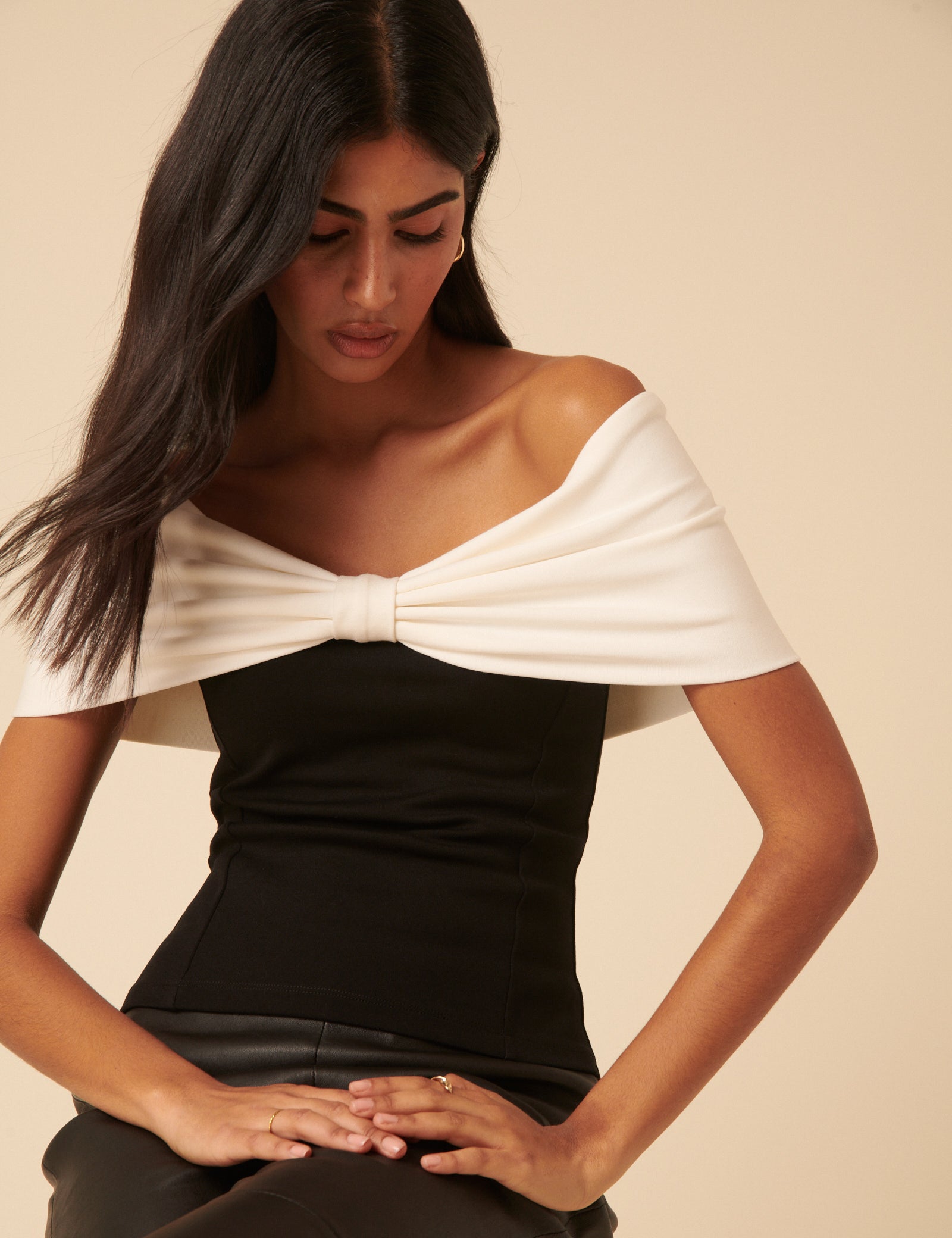 Black Bow Off Shoulder Contrast Top