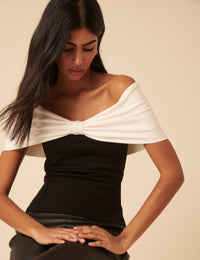 Black Bow Off Shoulder Contrast Top