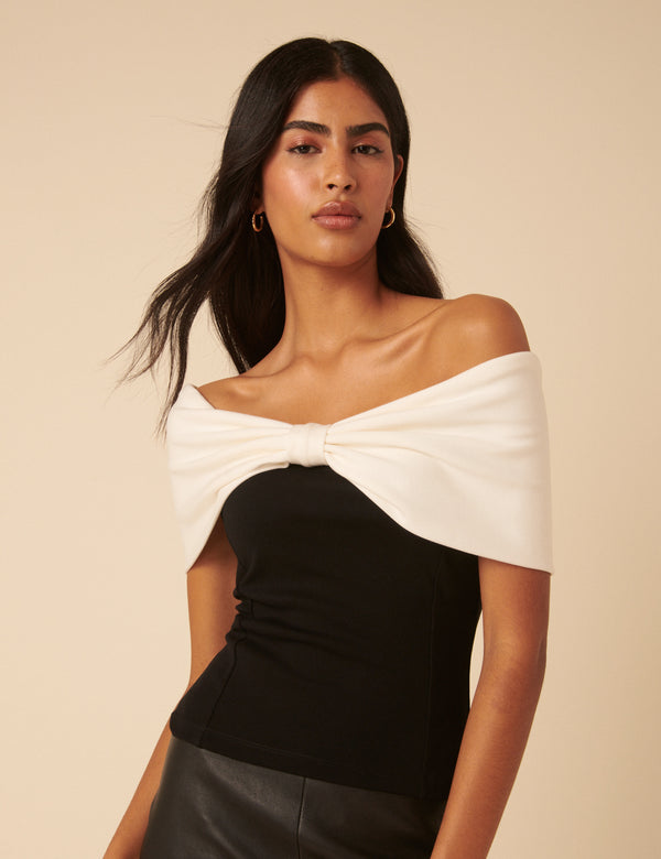 Black Bow Off Shoulder Contrast Top